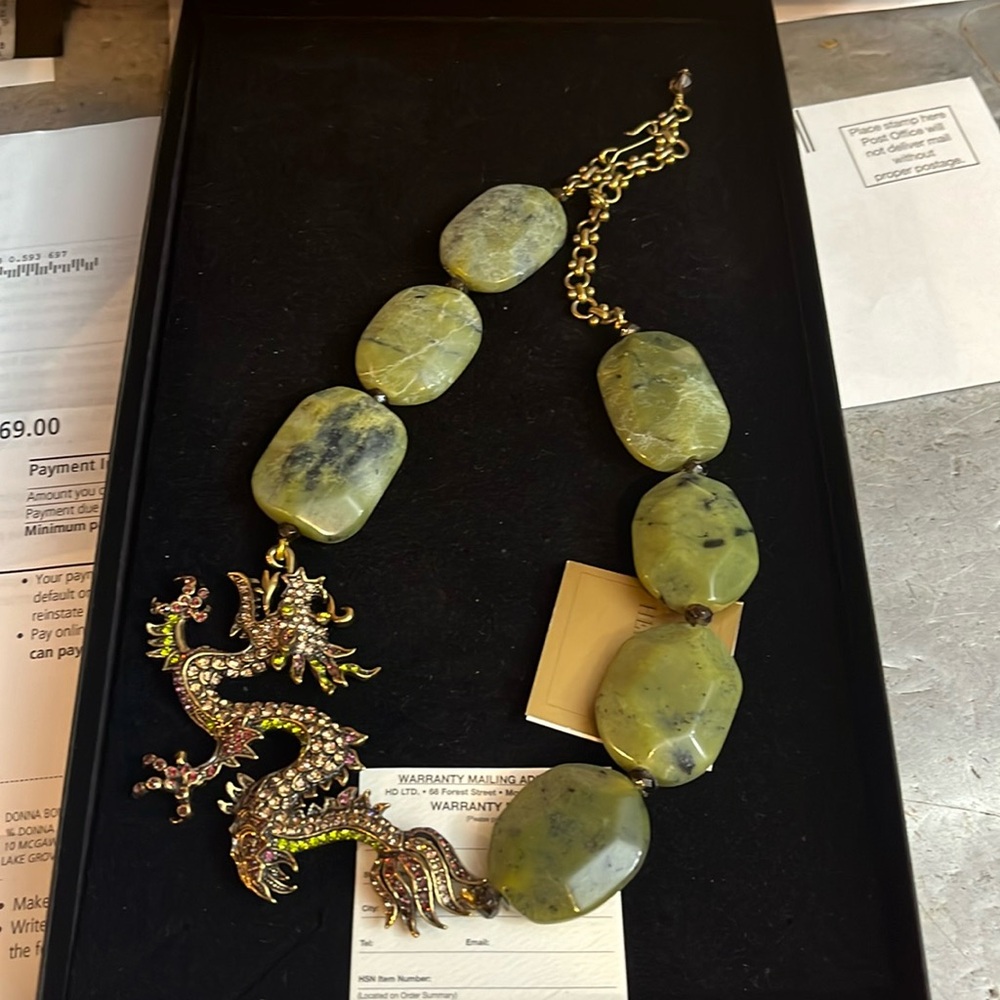 Unique crystal dragon and jade necklace